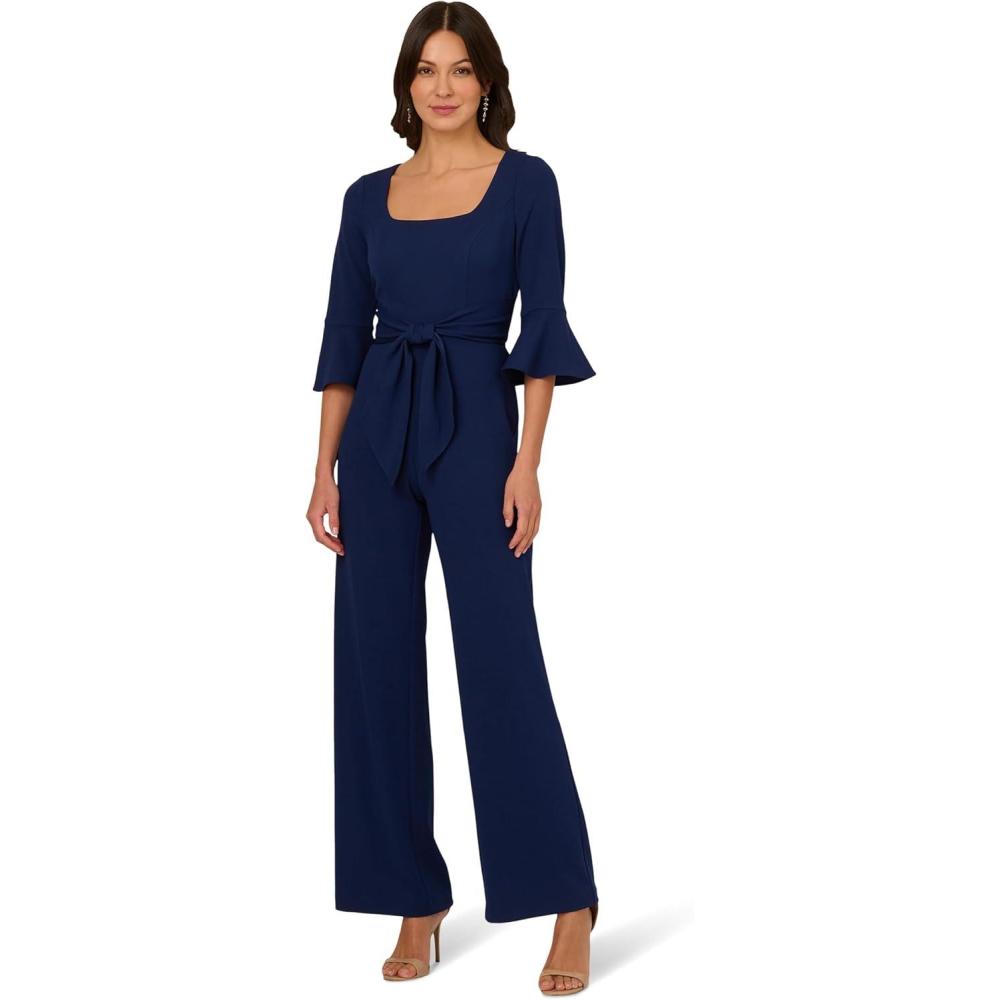 image:imageADRIANNA PAPELL Womens Knit Crepe Tie Front Jumpsuit Formal One Piece Jumpsuit with Bell Sleeves amp Wide Leg DesignNavy Sateen