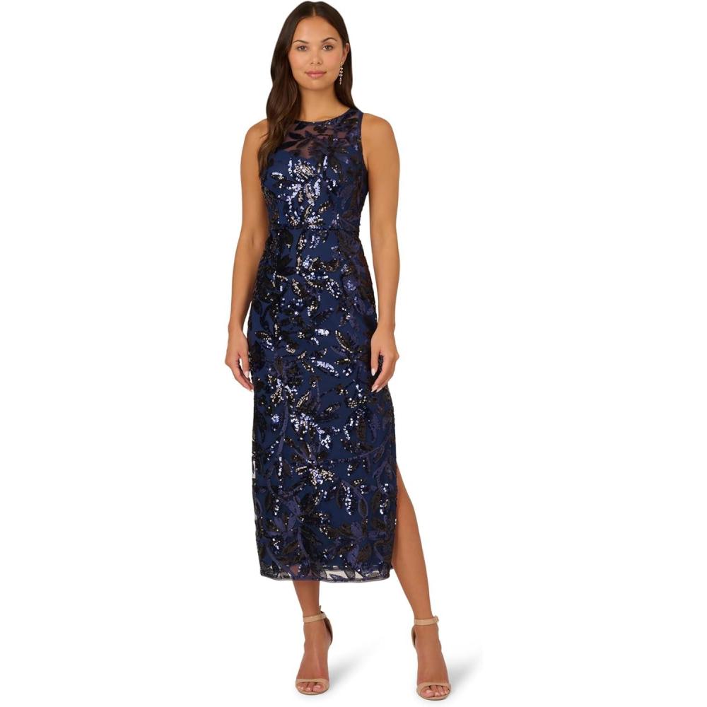 image:imageAdrianna Papell Womens Leaf Sequin Maxi DressNavyBlack