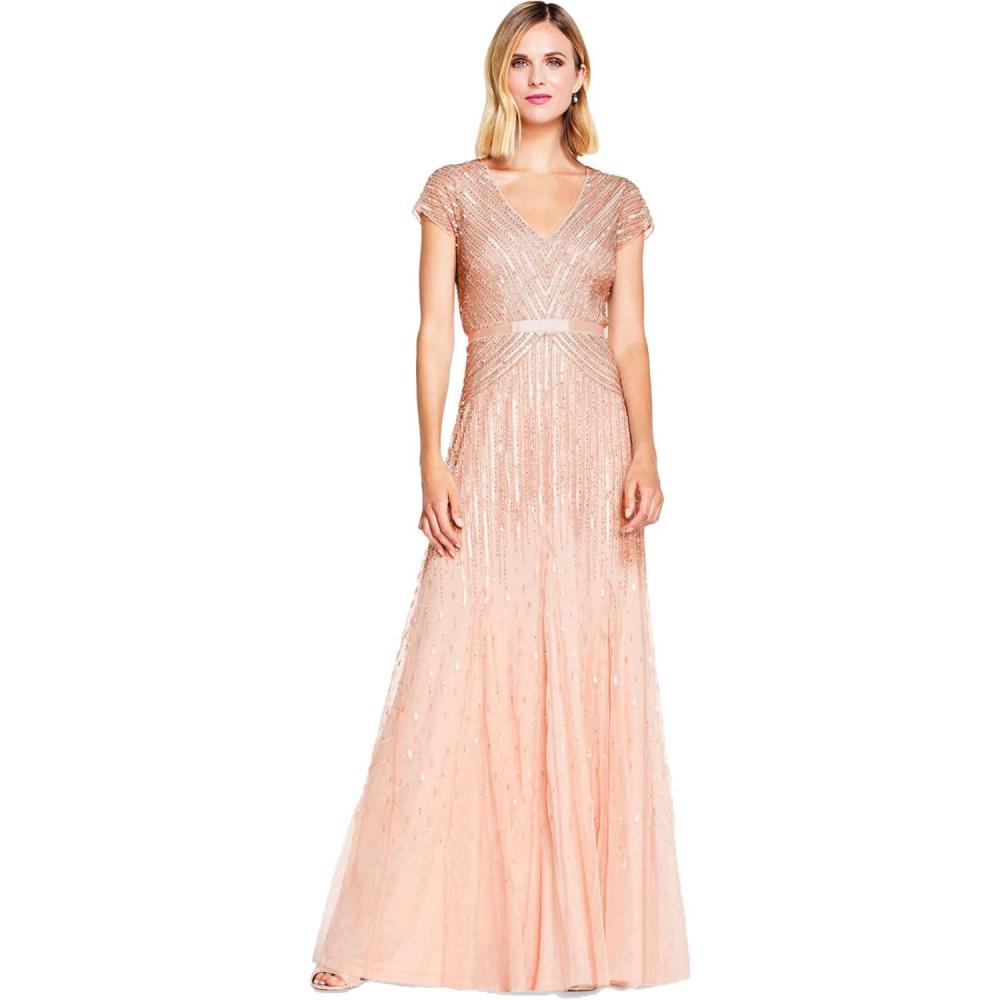 image:imageAdrianna Papell Womens Long Beaded VNeck Dress with Cap Sleeves and WaistbandBlush