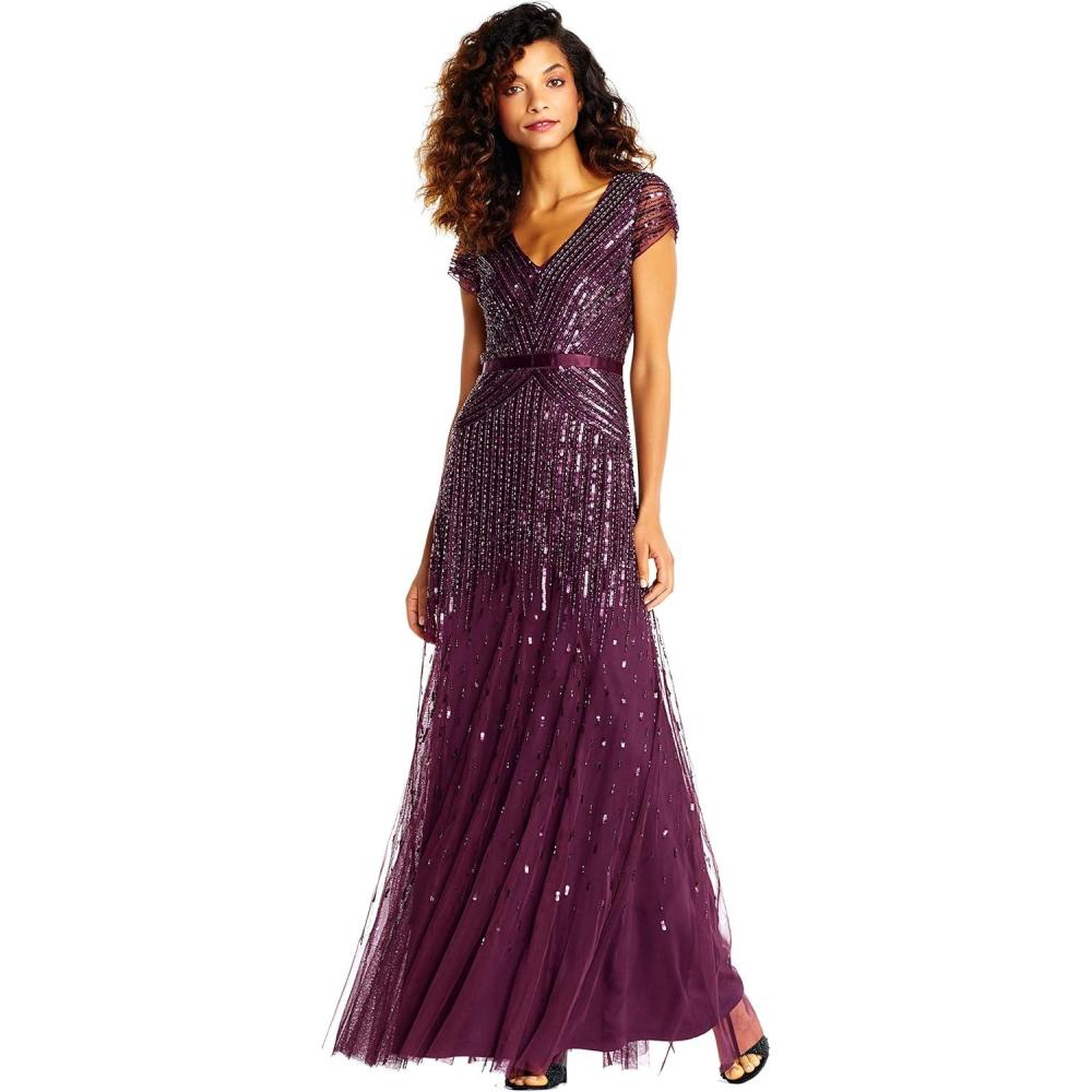 image:imageAdrianna Papell Womens Long Beaded VNeck Dress with Cap Sleeves and WaistbandCassis