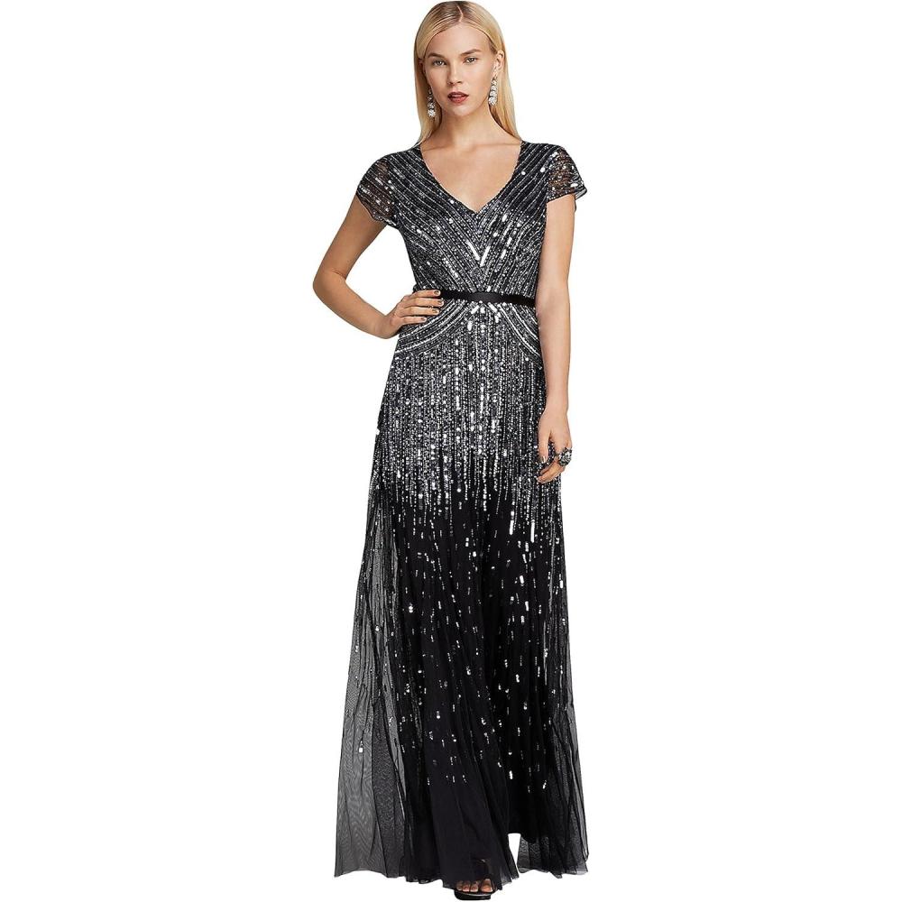 image:imageAdrianna Papell Womens Long Beaded VNeck Dress with Cap Sleeves and WaistbandGunmetal