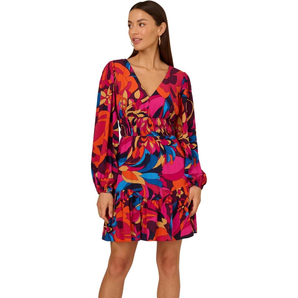 image:imageAdrianna Papell Womens Printed Short Flounce DressBerry Multi