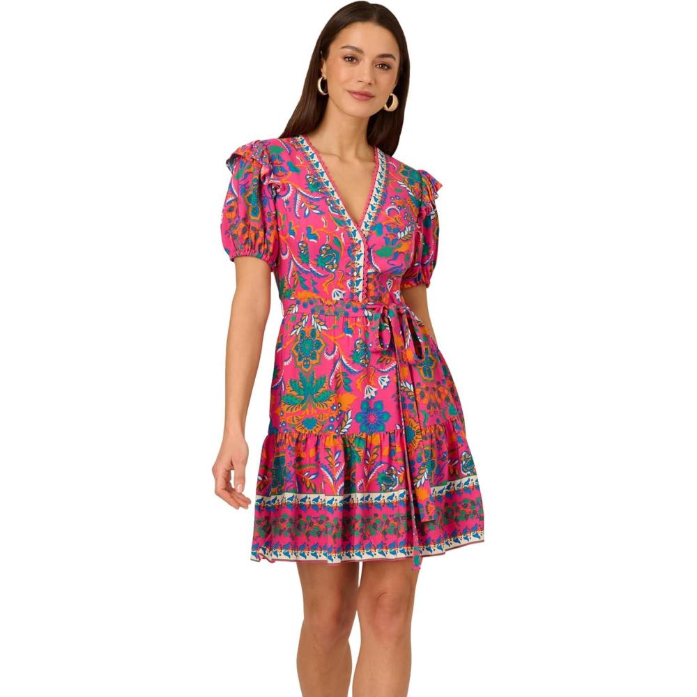 image:imageAdrianna Papell Womens Printed Short Flounce DressHot Pink Multi