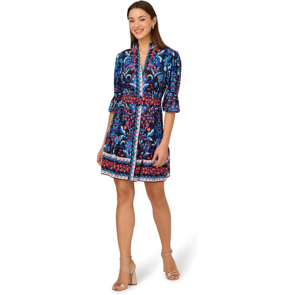 image:imageAdrianna Papell Womens Printed Short Flounce DressNavy Multi