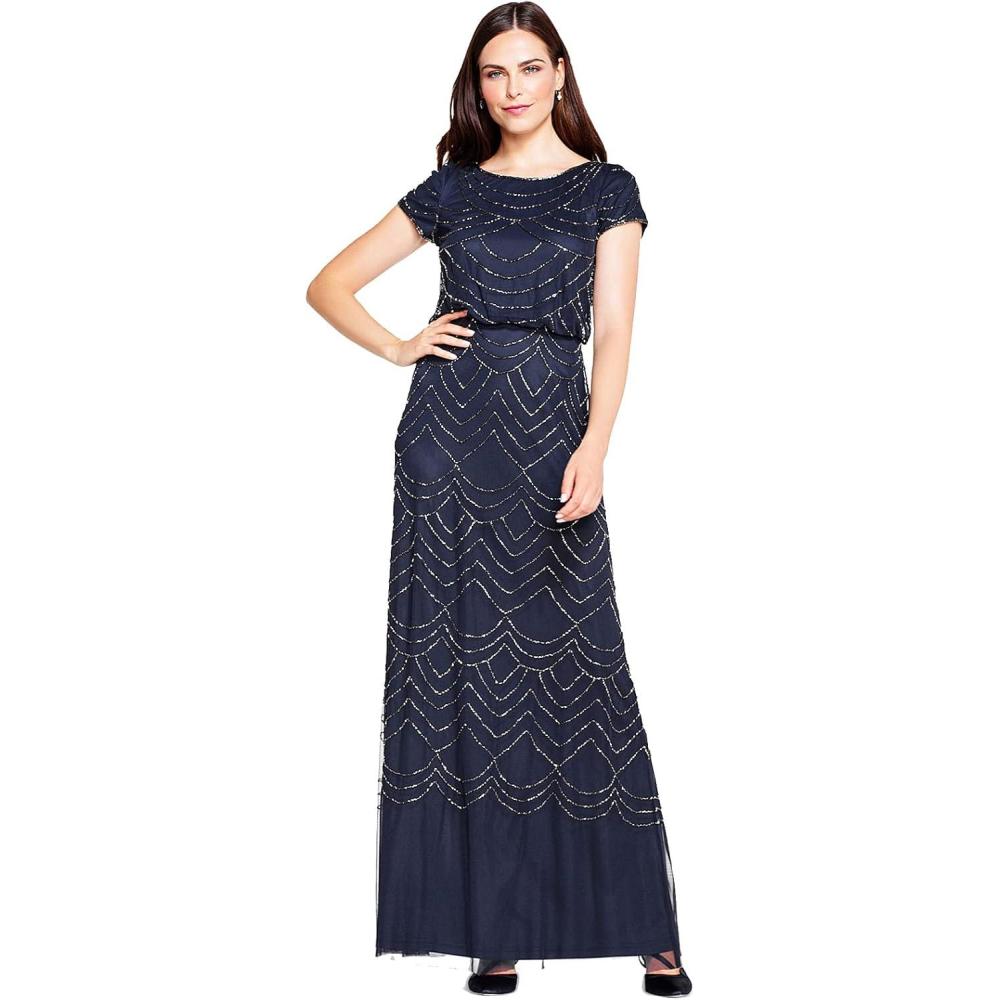 image:imageAdrianna Papell Womens Short Sleeve Blouson Beaded GownNavy