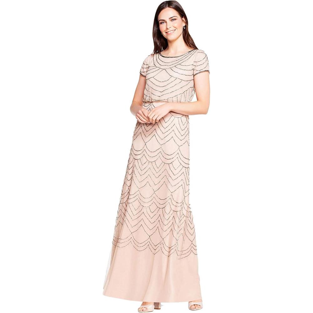 image:imageAdrianna Papell Womens Short Sleeve Blouson Beaded GownTaupePink