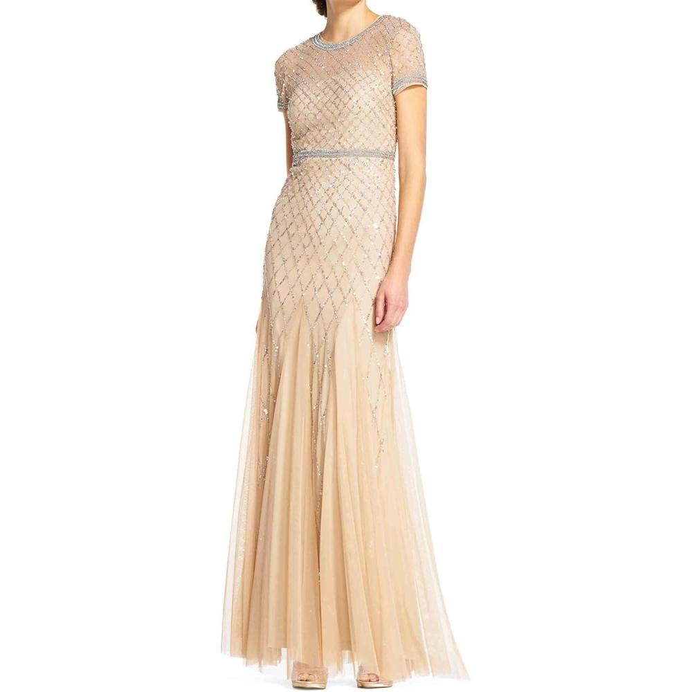 image:imageAdrianna Papell Womens ShortSleeve Grid Beaded GownChampagne