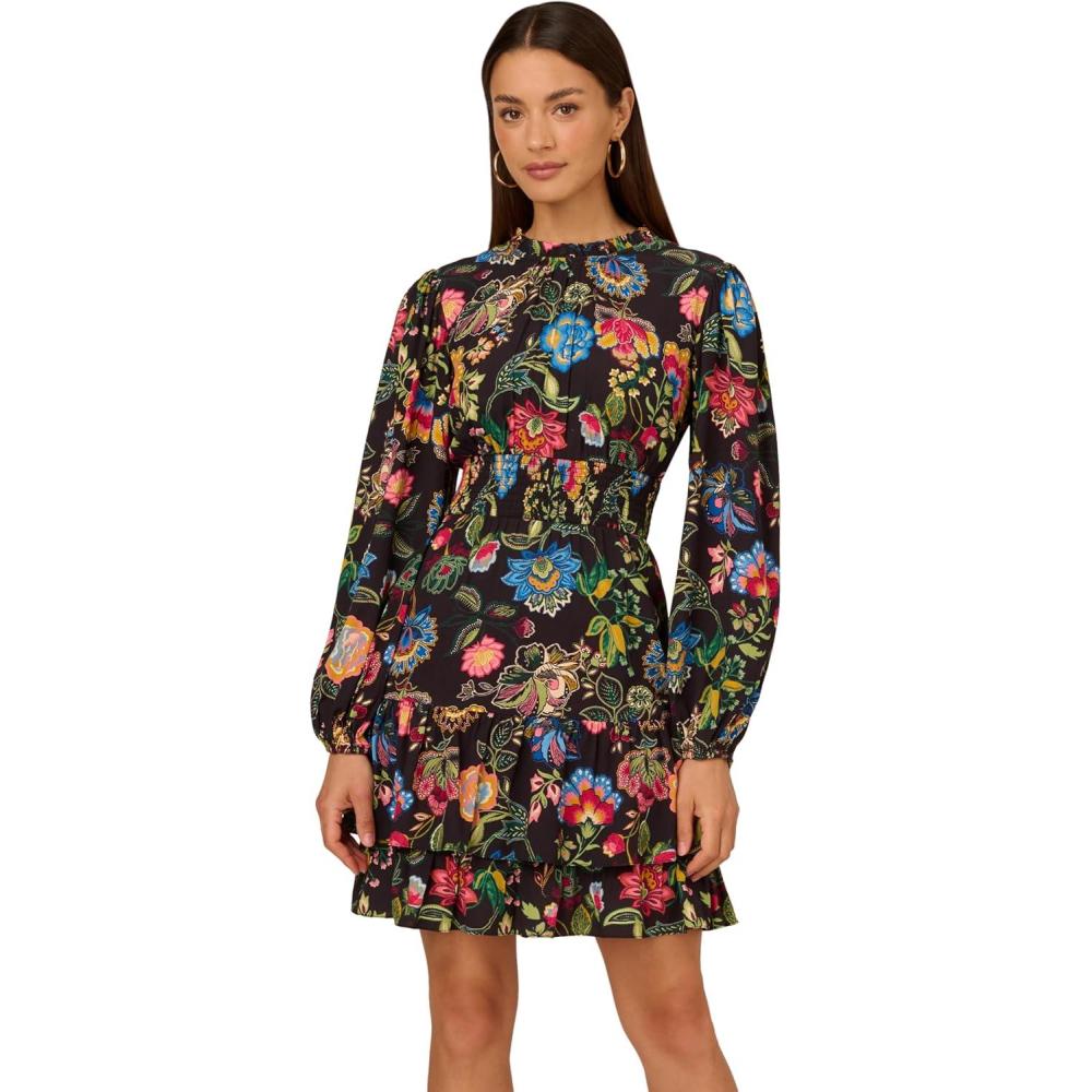 image:imageAdrianna Papell Womens Smocked Printed Short DressBlack Multi