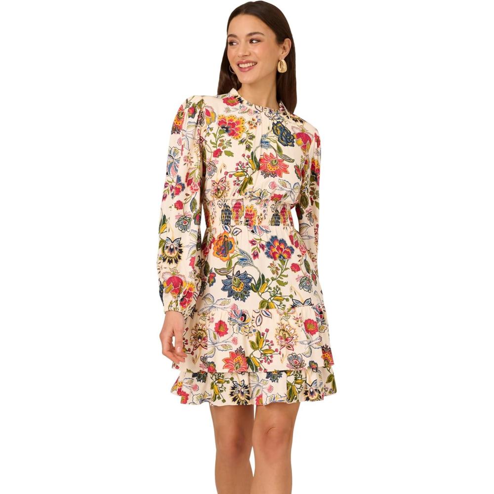 image:imageAdrianna Papell Womens Smocked Printed Short DressEcru Multi