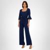 ADRIANNA PAPELL Women’s Knit Crepe Tie Front Jumpsuit | Formal One Piece Jumpsuit with Bell Sleeves & Wide Leg Design(Navy Sateen)