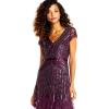 Adrianna Papell Womens Long Beaded V-Neck Dress with Cap Sleeves and Waistband(Cassis)