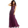 Adrianna Papell Womens Long Beaded V-Neck Dress with Cap Sleeves and Waistband(Cassis)