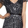 Adrianna Papell Womens Long Beaded V-Neck Dress with Cap Sleeves and Waistband(Gunmetal)