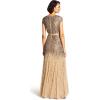 Adrianna Papell Womens Long Beaded V-Neck Dress with Cap Sleeves and Waistband(Nude)