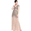 Adrianna Papell Womens Long Beaded V-Neck Dress with Cap Sleeves and Waistband(Nude)