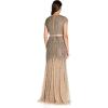 Adrianna Papell Womens Long Beaded V-Neck Dress with Cap Sleeves and Waistband(Nude)
