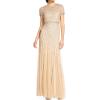 Adrianna Papell Womens Short-Sleeve Grid Beaded Gown(Champagne)