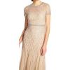 Adrianna Papell Womens Short-Sleeve Grid Beaded Gown(Champagne)