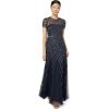 Adrianna Papell Womens Short-Sleeve Grid Beaded Gown(Navy)