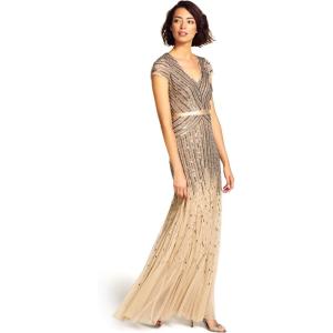 Adrianna Papell Womens Long Beaded V-Neck Dress with Cap Sleeves and Waistband(Nude)