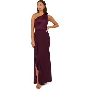 Adrianna Papell Womens One Shoulder Satin Crepe Gown(Bordeaux Glow)