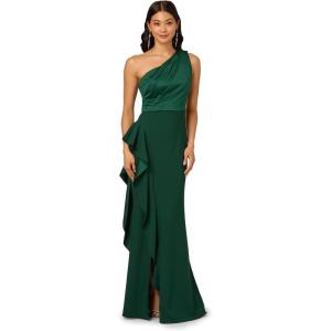 Adrianna Papell Womens One Shoulder Satin Crepe Gown(Deep Forest)