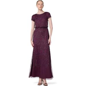 Adrianna Papell Womens Short Sleeve Blouson Beaded Gown(Cassis)