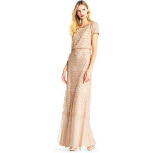 Adrianna Papell Womens Short Sleeve Blouson Beaded Gown(Champagne/Gold)