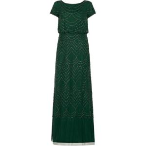 Adrianna Papell Womens Short Sleeve Blouson Beaded Gown(Dusty Emerald)