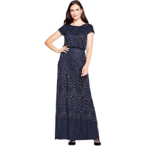 Adrianna Papell Womens Short Sleeve Blouson Beaded Gown(Navy)