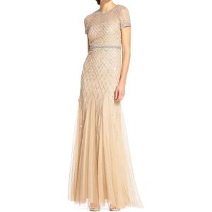 Adrianna Papell Womens Short-Sleeve Grid Beaded Gown(Champagne)
