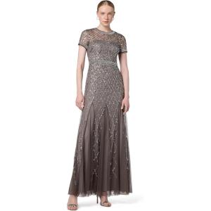 Adrianna Papell Womens Short-Sleeve Grid Beaded Gown(Lead)