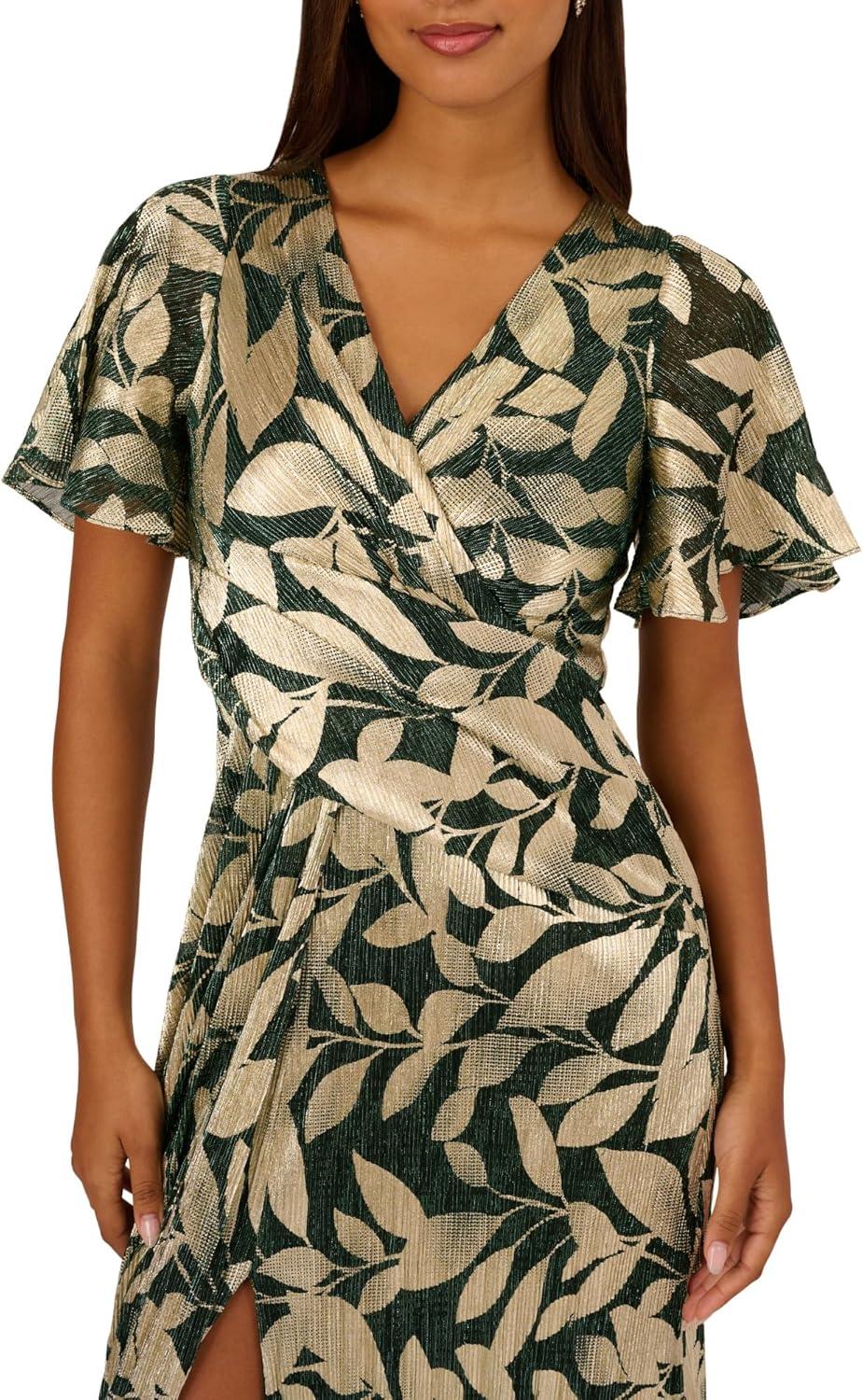 image:imageAdrianna Papell Womens Foil Leaf Draped GownGreen PineGold