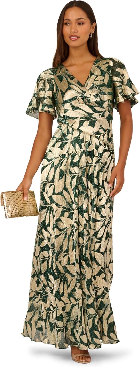 image:imageAdrianna Papell Womens Foil Leaf Draped GownGreen PineGold