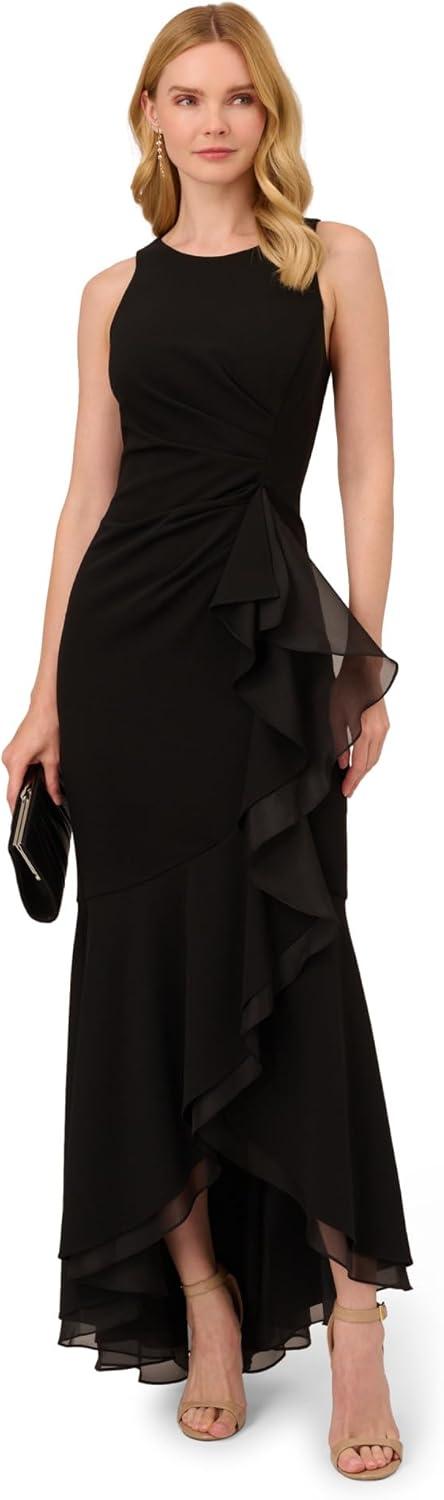 image:imageAdrianna Papell Womens Ruffle Crepe Halter Gown Sleeveless Formal Evening Gown with High Low Ruffle Skirt Black 4