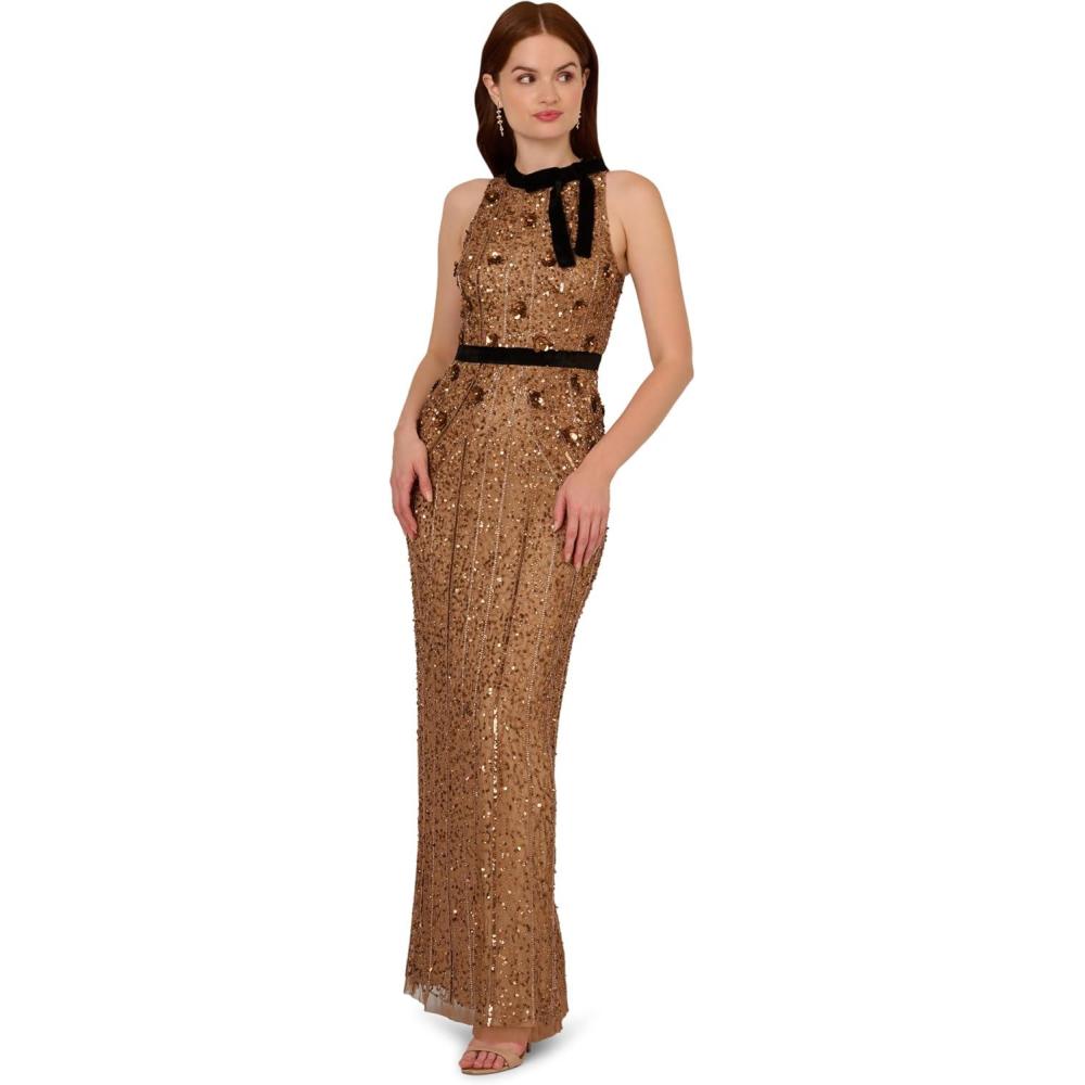 image:imageAdrianna Papell Womens Beaded Halter Long Dress Copper 8