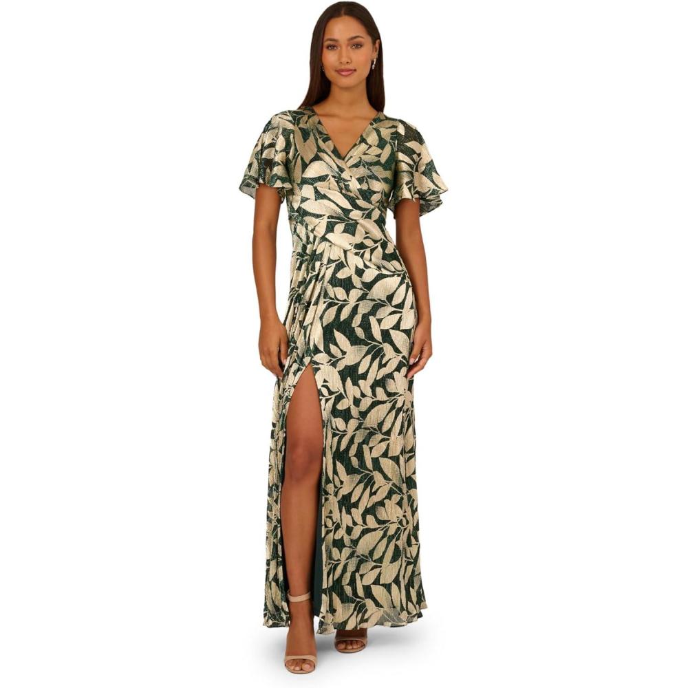 image:imageAdrianna Papell Womens Foil Leaf Draped GownGreen PineGold