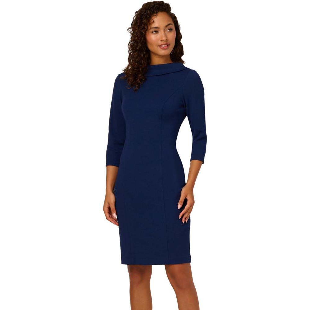 image:imageAdrianna Papell Womens Rolled Neck Crepe Midi DressNavy Sateen