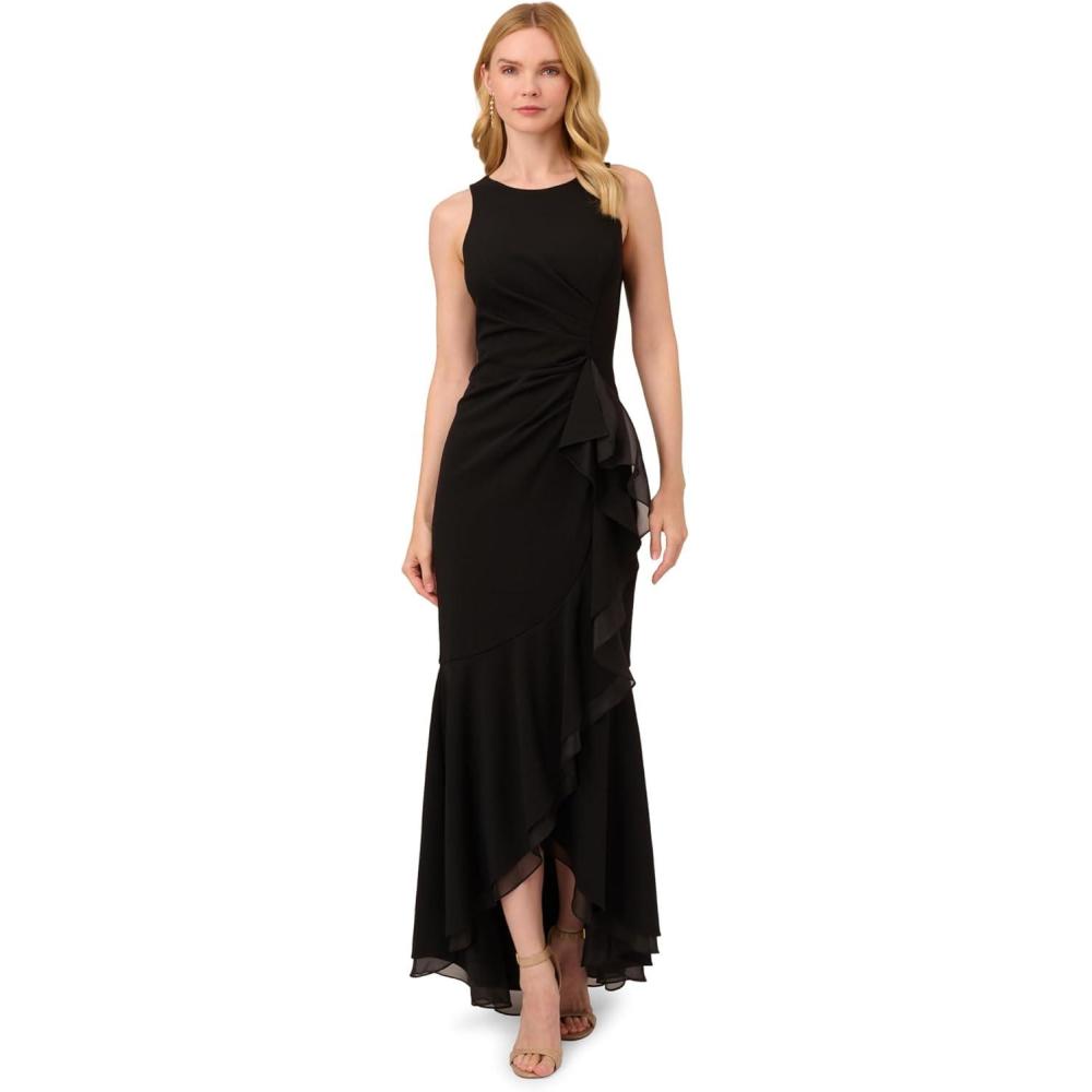 image:imageAdrianna Papell Womens Ruffle Crepe Halter Gown  Sleeveless Formal Evening Gown with High Low Ruffle Skirt Black 4