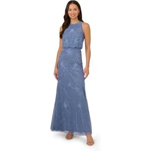 Adrianna Papell Bead Blouson Long Dress, Coral Coast(French Blue)