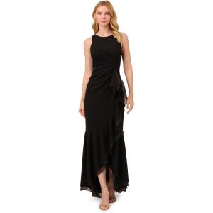 Adrianna Papell Women’s Ruffle Crepe Halter Gown | Sleeveless Formal Evening Gown with High Low Ruffle Skirt, Black, 4