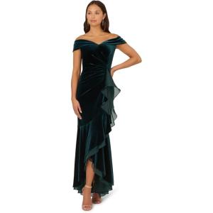 Adrianna Papell Womens Velvet Off The Shoulder Gown(Hunter)