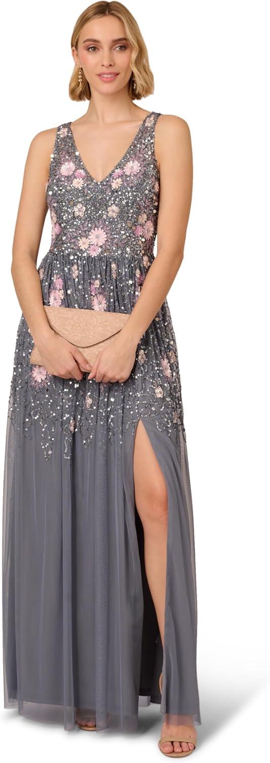 image:imageAdrianna Papell Womens Beaded Mesh Long DressDusty Blue Multi