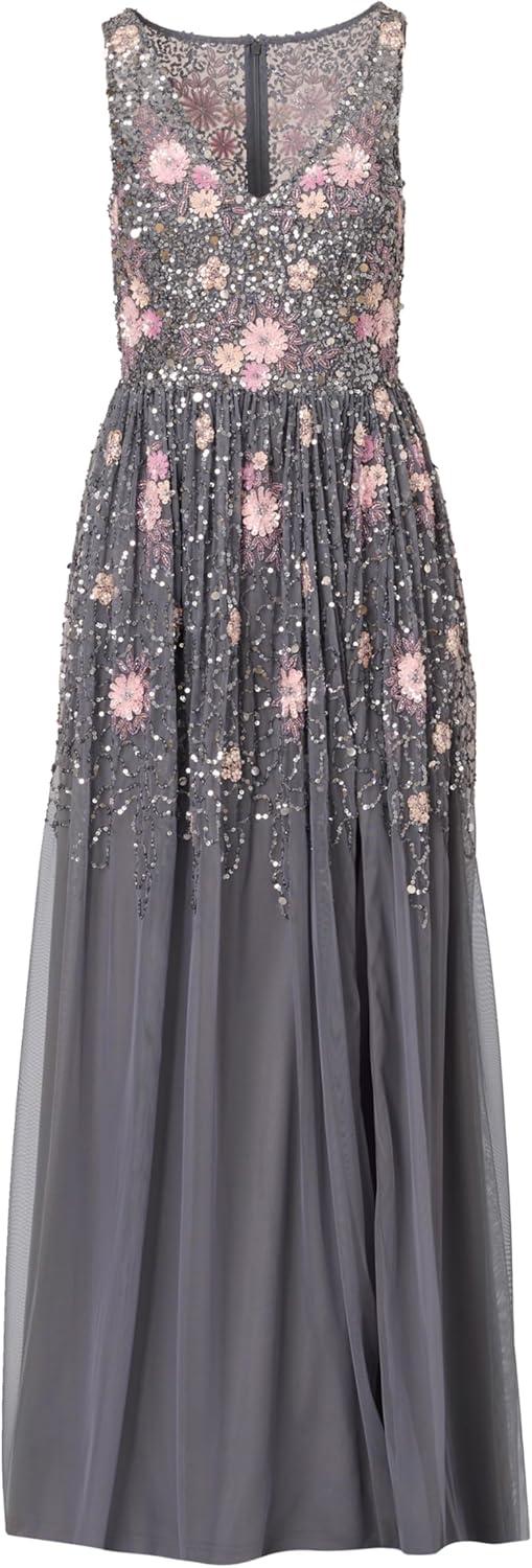 image:imageAdrianna Papell Womens Beaded Mesh Long DressDusty Blue Multi