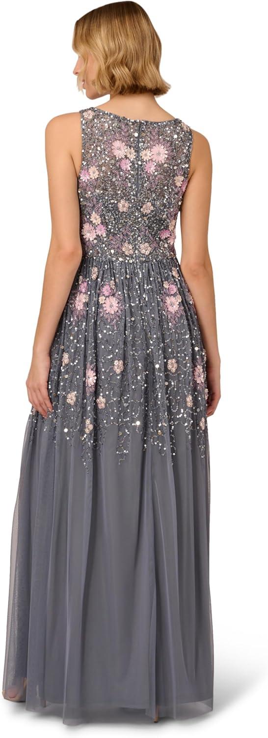 image:imageAdrianna Papell Womens Beaded Mesh Long DressDusty Blue Multi
