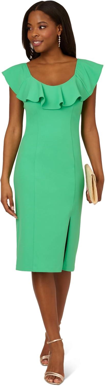 image:imageAdrianna Papell Womens Knit Crepe Ruffle MIDI DressFlora Green
