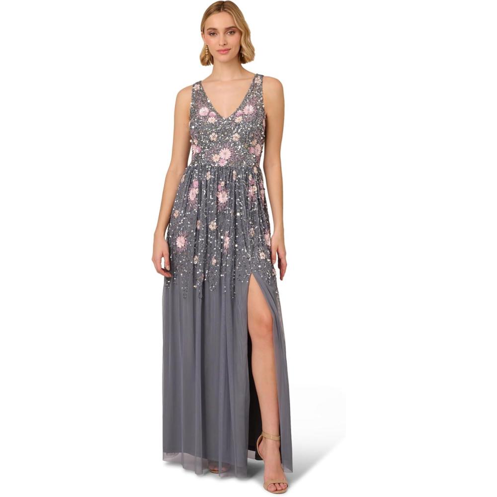 image:imageAdrianna Papell Womens Beaded Mesh Long DressDusty Blue Multi