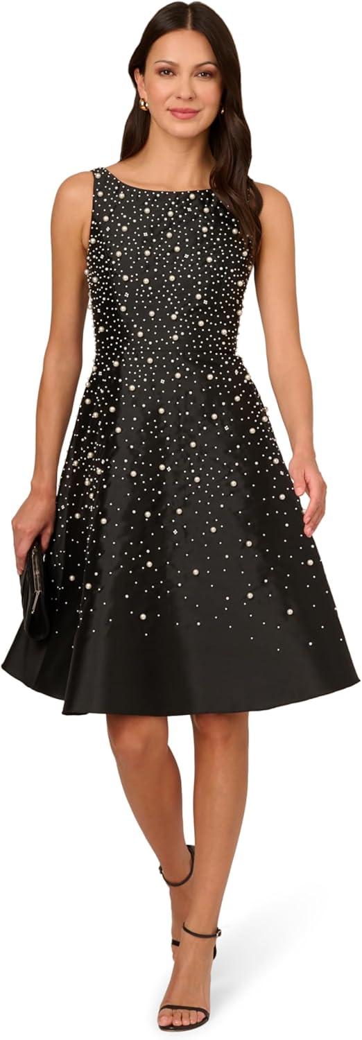 image:imageAdrianna Papell Womens Bead Taffeta Midi DressBlackIvory
