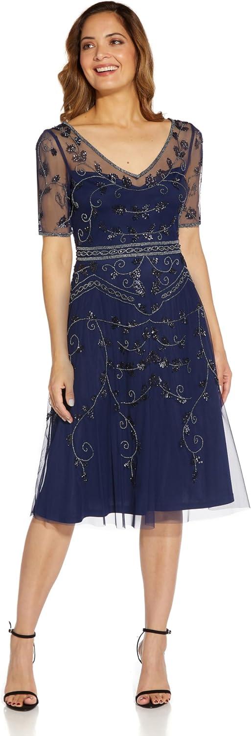 image:imageAdrianna Papell Womens Beaded Midi DressLight Navy