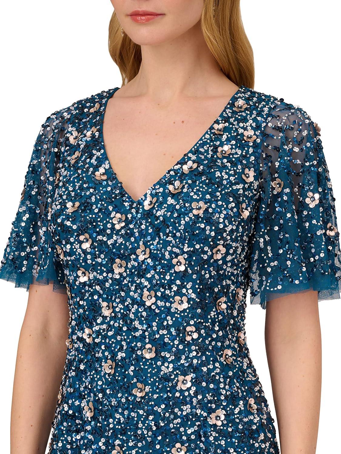 image:imageAdrianna Papell Womens Beaded VNeckline Short DressTeal Sapphire